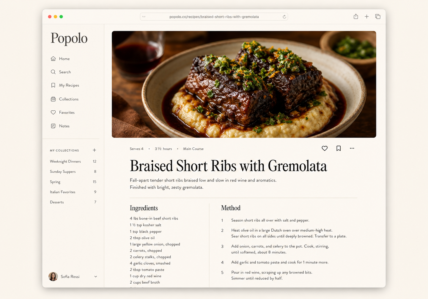 A recipe open in Popolo, showing a photo, ingredients, and method laid out beautifully.